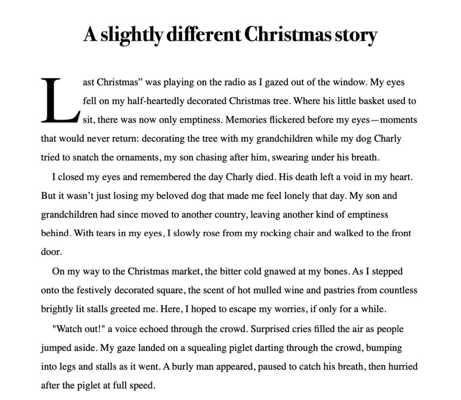 The opening of a poignant short story exploring loss and aging. Set against a lonely holiday backdrop, the narrative introduces a protagonist finding a spark of hope amidst the grief of a quiet home.